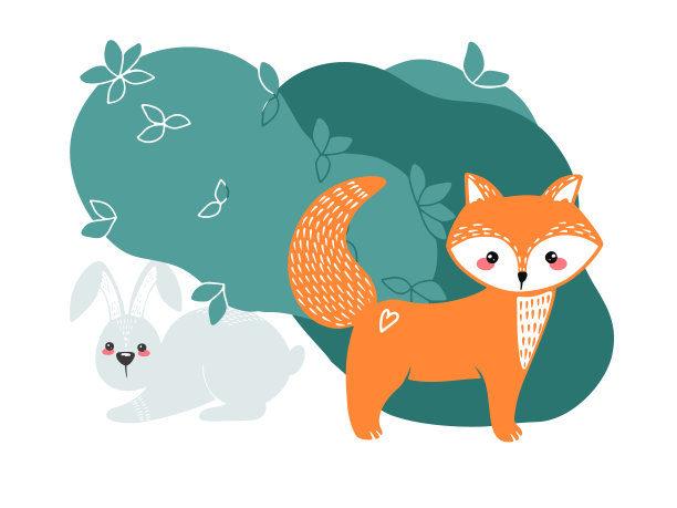 可爱的狐狸，兔子和兔子在植物的背景。手绘插图在斯堪的纳维亚风格。图片下载
