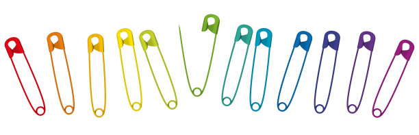 丰富多彩的安全别针。一组12个彩虹色的婴儿别针排成一排。孤立的矢量插图上的白色背景。图片下载