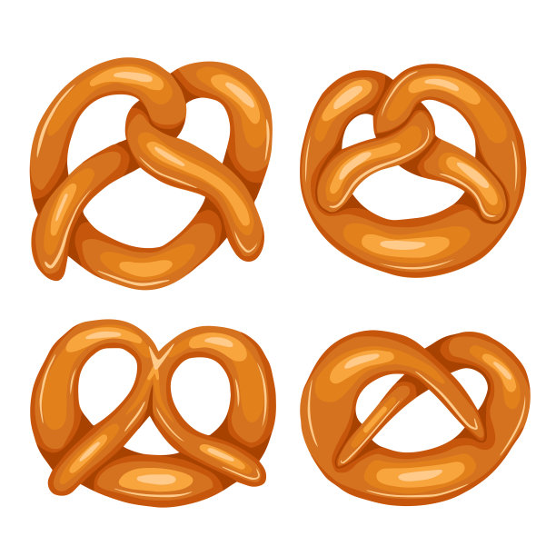 一套各种卡通椒盐卷饼。物体与背景分开。德国的开胃菜。假日款待。烘焙产品。矢量对象图片下载