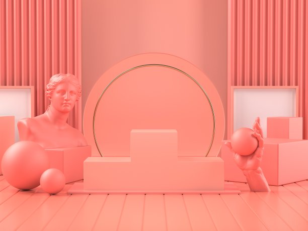 3d渲染图像的粉色讲台上的经典罗马雕塑化妆品品牌或其他产品。图片下载