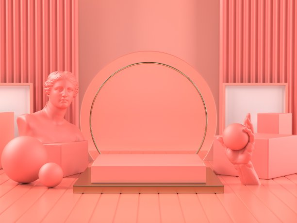 3d渲染图像的粉色讲台上的经典罗马雕塑化妆品品牌或其他产品。图片下载