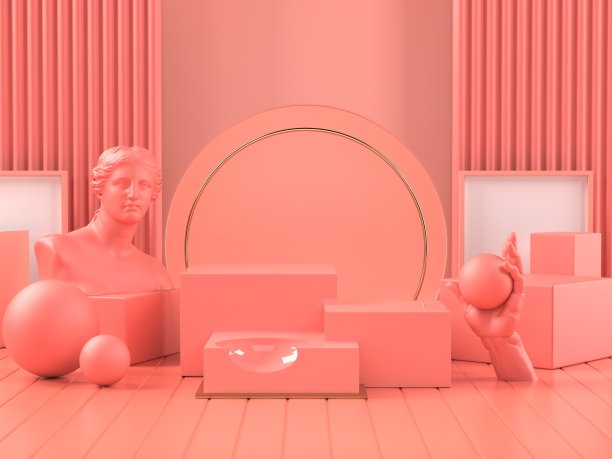 3d渲染图像的粉色讲台上的经典罗马雕塑化妆品品牌或其他产品。图片下载