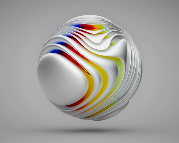 三维渲染抽象三维球在有机曲线圆滑和柔软的波浪形式在白色哑光铝材料光泽部分在彩虹梯度颜色在灰色背景图片下载