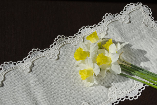 五朵水仙花在一张薄薄的亚麻餐巾上。图片适用于生日贺卡，国际妇女节，母亲节，复活节的背景图片下载