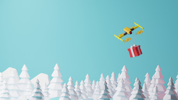 3D效果图，黄色无人机飞过森林为客户送出礼盒图片下载