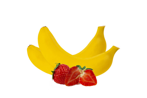 香蕉和草莓在白色的背景，特写。图片下载