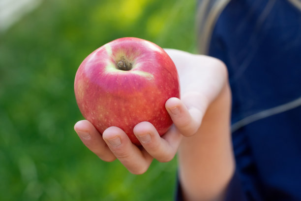 一个十几岁的女孩手里拿着一个苹果。健康的生活方式的概念图片下载