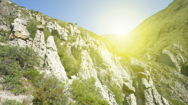阿尔泰山的石蘑菇。耀眼的阳光图片下载