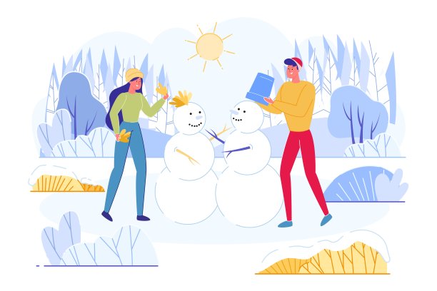 广告横幅，年轻夫妇雕塑雪人。图片下载