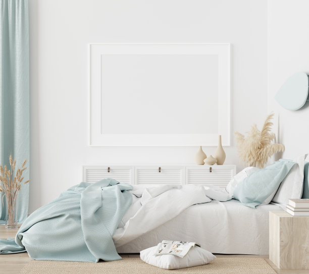 模拟海报框架在卧室，斯堪的纳维亚风格图片下载