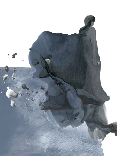 一个女孩站在海边，用墨水作画图片下载