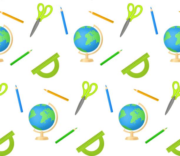 无缝模式与剪刀，地球仪，尺子和彩色铅笔。图片下载