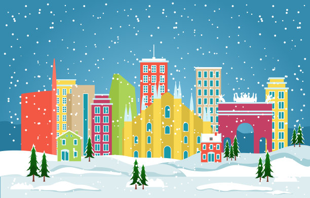 冬季雪在米兰城市天际线地标建筑插图图片下载