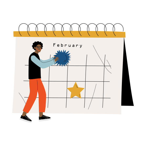 小的非洲裔美国人站在大日历附近计划和安排重要的事件，时间管理和商业计划矢量插图图片下载