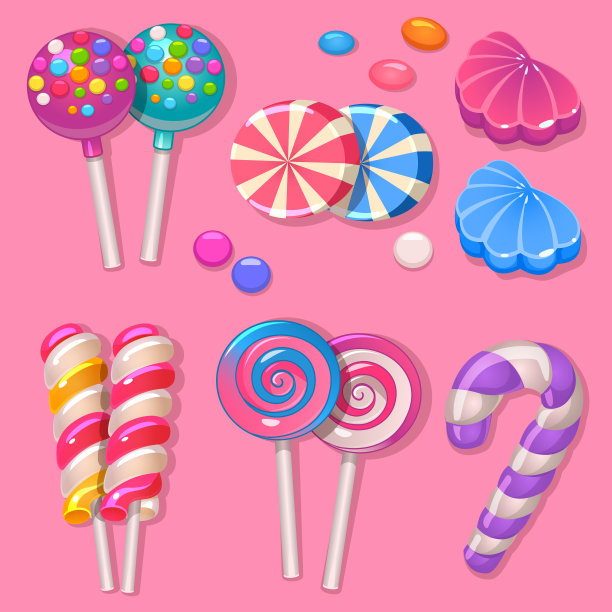 一套棒棒糖，糖果和果冻在粉红色的背景上的插图图片下载