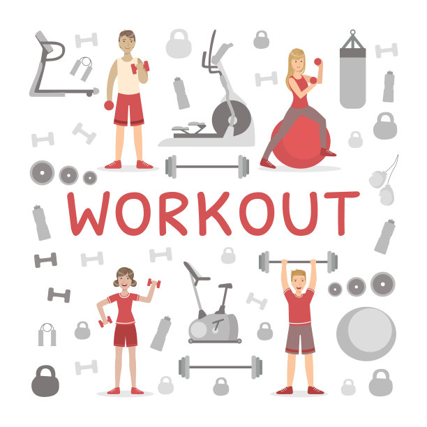 锻炼横幅模板，人们运动与运动设备矢量插图图片下载