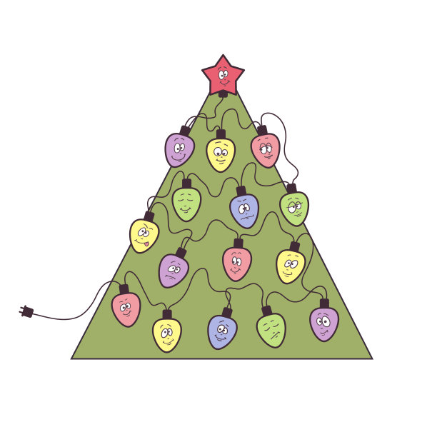 有花环的圣诞树。有趣的灯泡和滑稽的脸。矢量图图片下载