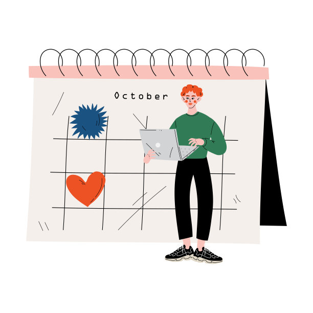 年轻人站在大日历附近使用笔记本电脑，时间管理和商业计划矢量插图图片下载