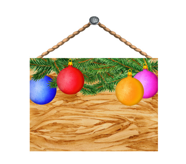 水彩画圣诞树，木板上的球图片下载