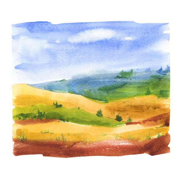 水彩插图与景观领域。自然背景。有机农场。生态增长。农业图片下载