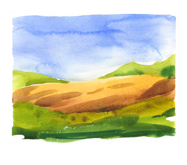 水彩插图与景观领域。自然背景。有机农场。生态增长。农业图片下载