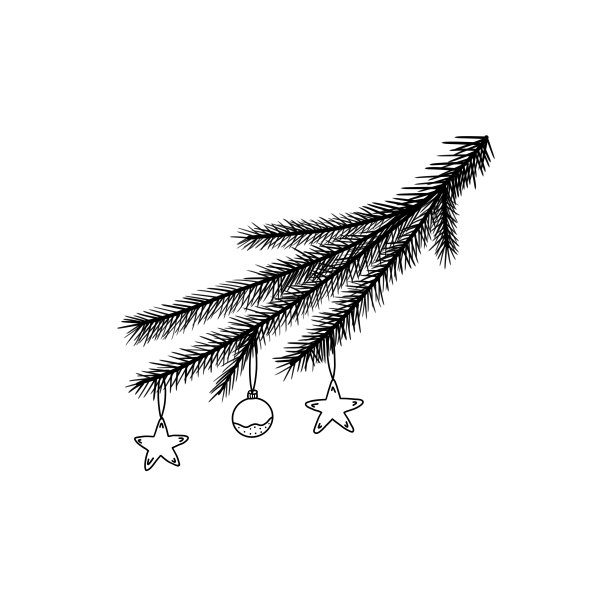 有装饰的云杉树枝。在云杉树枝上装饰星星和圣诞球。图片下载