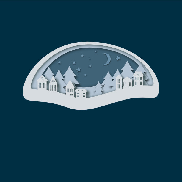 各种简单的村舍，大片的松林，黑暗的夜空，星星和蓝色的月亮。冬季圣诞插图剪纸风格与阴影和复制空间素材图片