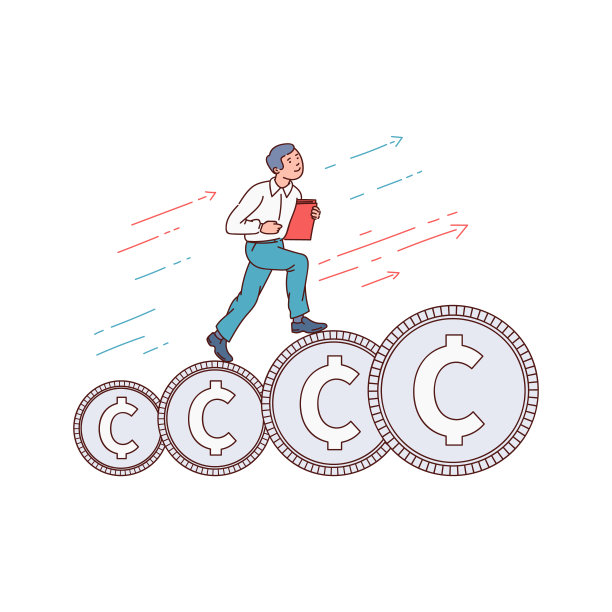 商人跑上楼梯，硬币素描矢量插图孤立。图片下载