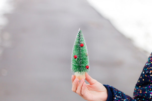 小圣诞树在一个孩子的手中。圣诞的喜庆背景，圣诞和新年的精神图片下载