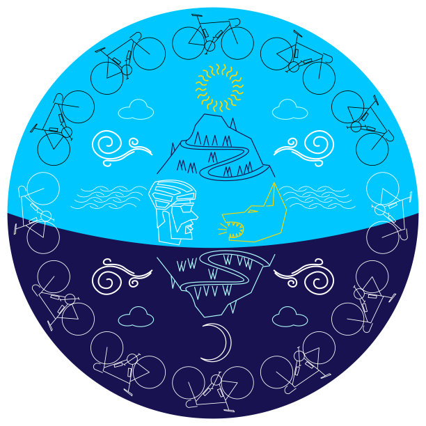 自行车，狗，山，风，白天和晚上的主题线艺术矢量插图图片下载