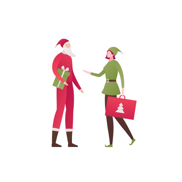 圣诞庆祝人物扁平矢量插画：圣诞老人和精灵服装的男女与礼品袋、盒子，节日概念，适用于banner、海报、网页图片下载