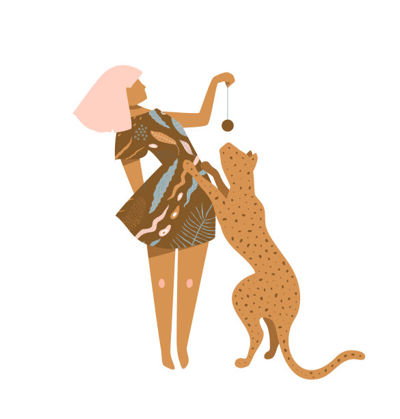 穿着棕色连衣裙，玩转野猫剪影印花图案的美丽女人图片下载