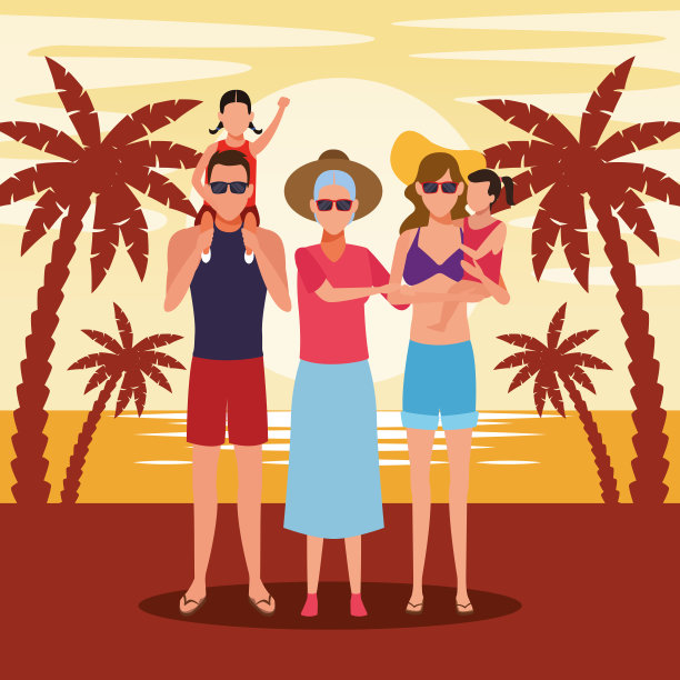 夕阳下的海滩上，老妇人和孩子们图片下载