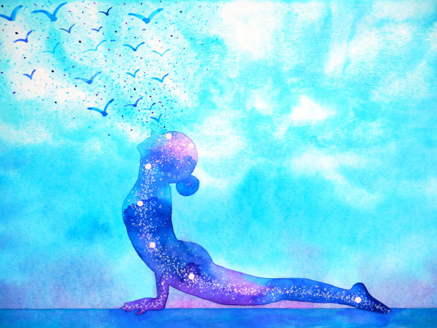 向上的狗瑜伽姿势心灵艺术抽象水彩画插图设计手绘图片下载