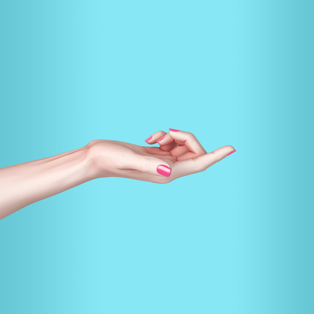 显示的手。Index finger presenting gesture isolated on blue background, female hand art fashion concept, promo creative banner, 3d rendering，图片下载