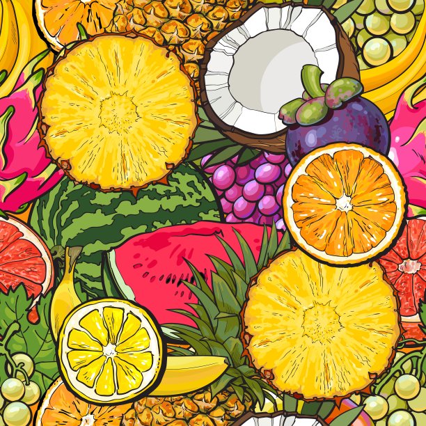 无缝模式与菠萝，椰子和西瓜矢量插图。图片下载