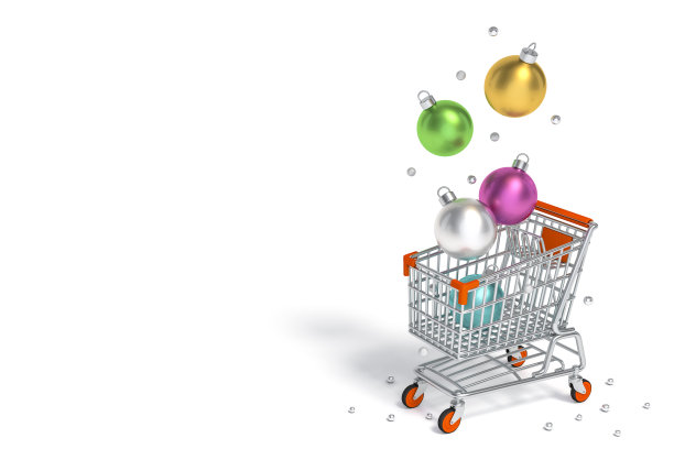 金属彩色圣诞球漂浮在购物车与黑暗的背景3d渲染图片下载