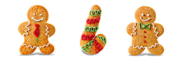圣诞装饰用姜饼饼干，可可用棉花糖，圣诞树上的礼物在白色孤立的背景图片下载