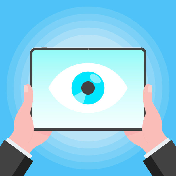 “老大哥”的概念。手握稳定的pc间谍与大眼睛在屏幕上隔离在浅蓝色背景平面风格设计矢量插图。图片下载