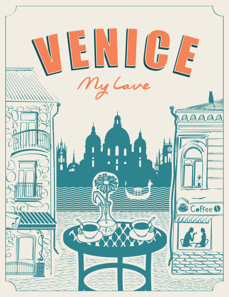 威尼斯街头咖啡馆，可以看到运河和贡多拉图片下载