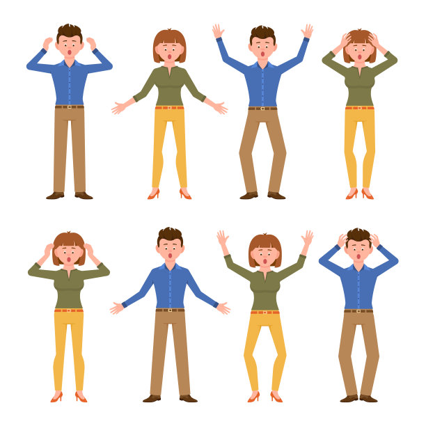 惊讶、震惊、诧异，压下蓝衫男和绿衫女矢量插图。压力，担心，紧张，害怕的男孩和女孩卡通人物设置在白色图片下载