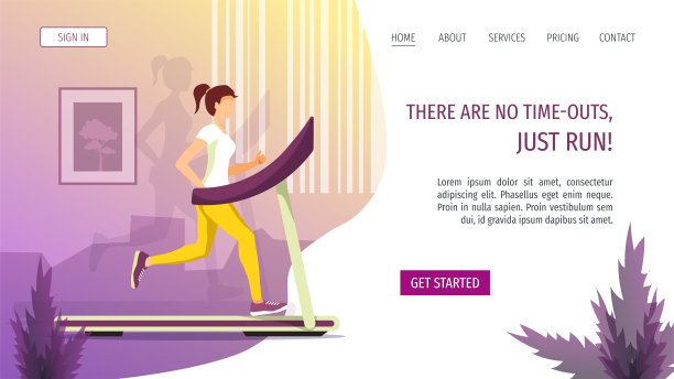 为跑步，运动训练，健康的生活方式，能量的网页设计模板。在室内跑步机上跑步的女人。图片下载