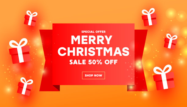 现代贺卡与红色缎带和礼品盒在红色背景。图片下载