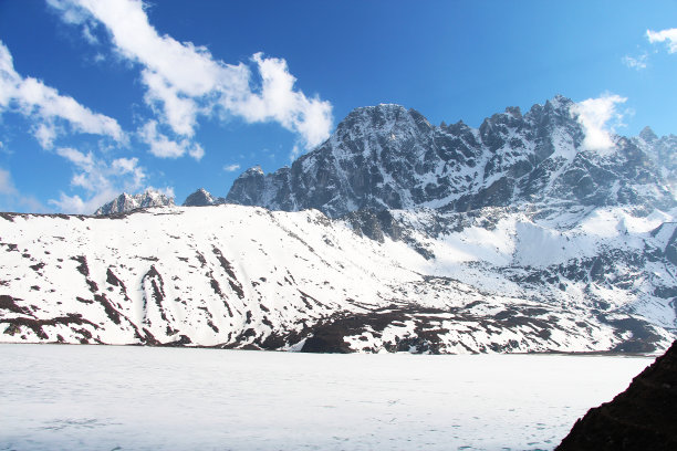 Pharilapche山耸立在喜马拉雅山的Gokyo湖上图片下载
