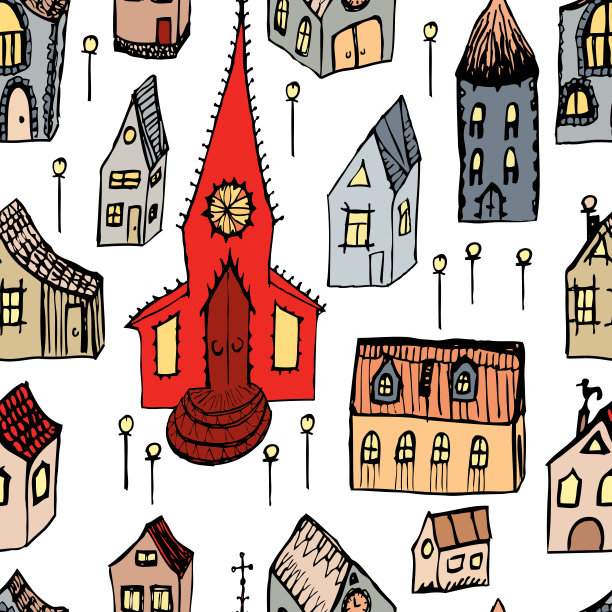 老城区各种卡通建筑的无缝模式图片下载