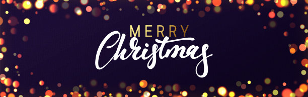 水平横幅与圣诞快乐的背景与明亮的发光灯金色散焦。图片下载