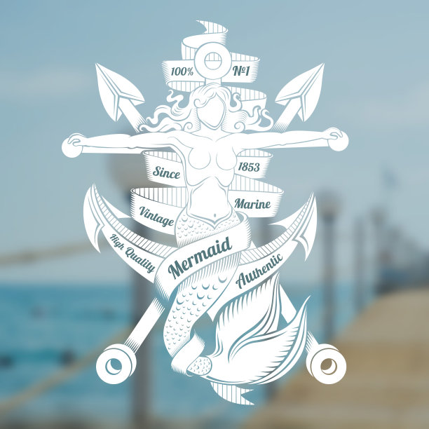 叉和美人鱼钉在锚上。海洋复古标签上模糊的海洋照片背景图片下载