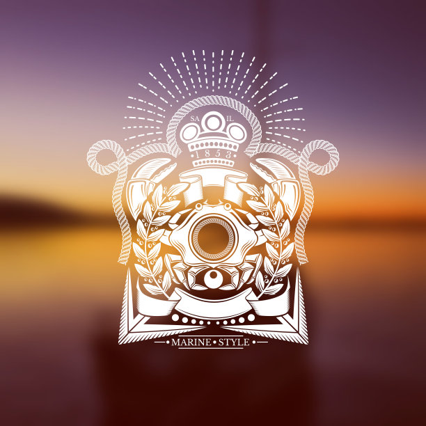 用锚、绳子和丝带做成花环。在模糊的海照片背景上的海复古白色标签图片下载