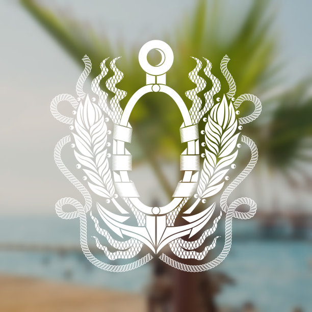 椭圆形框架与锚之间的月桂花环和绳子。模糊的海滩照片背景上的海洋复古标签图片下载