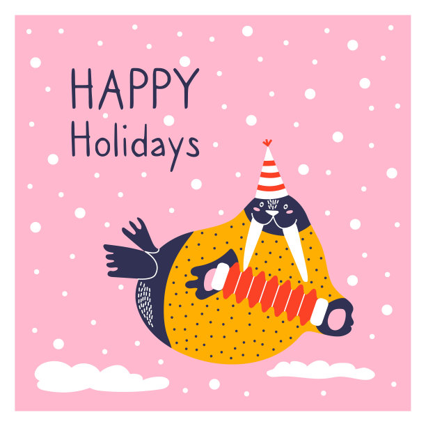 贺卡与可爱的海象图标。新年的海报。有趣的动物拉手风琴。节日快乐。图片下载